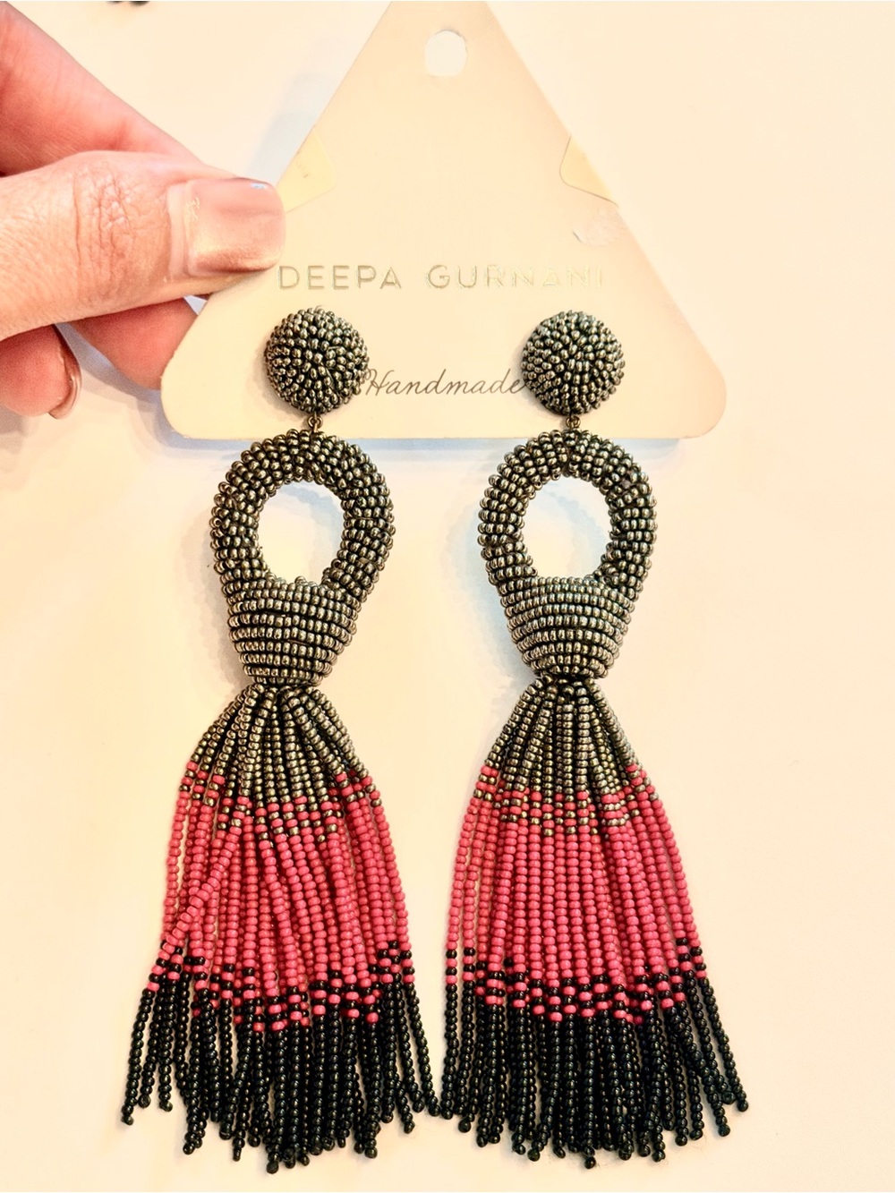 Deepa Gurnani Pink & Gunmetal Beaded Tassel Statement Earrings